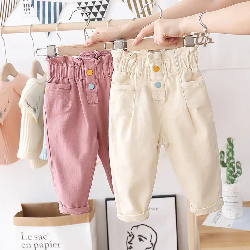 Fashion Baby Girl Jean Pants Cotton High Waist Infant Toddler Child White Pink Trousers Button Baby Loose Pant Clothes 1-7Y