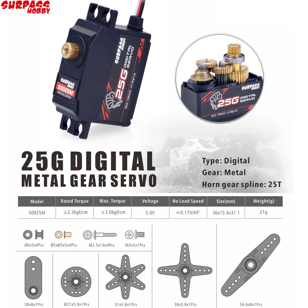 SURPASS HOBBY S0025M 25g Metal Gear Servo 3KG Digital Servo for RC Airplane Robot 1/12 RC Car Boat RC Model