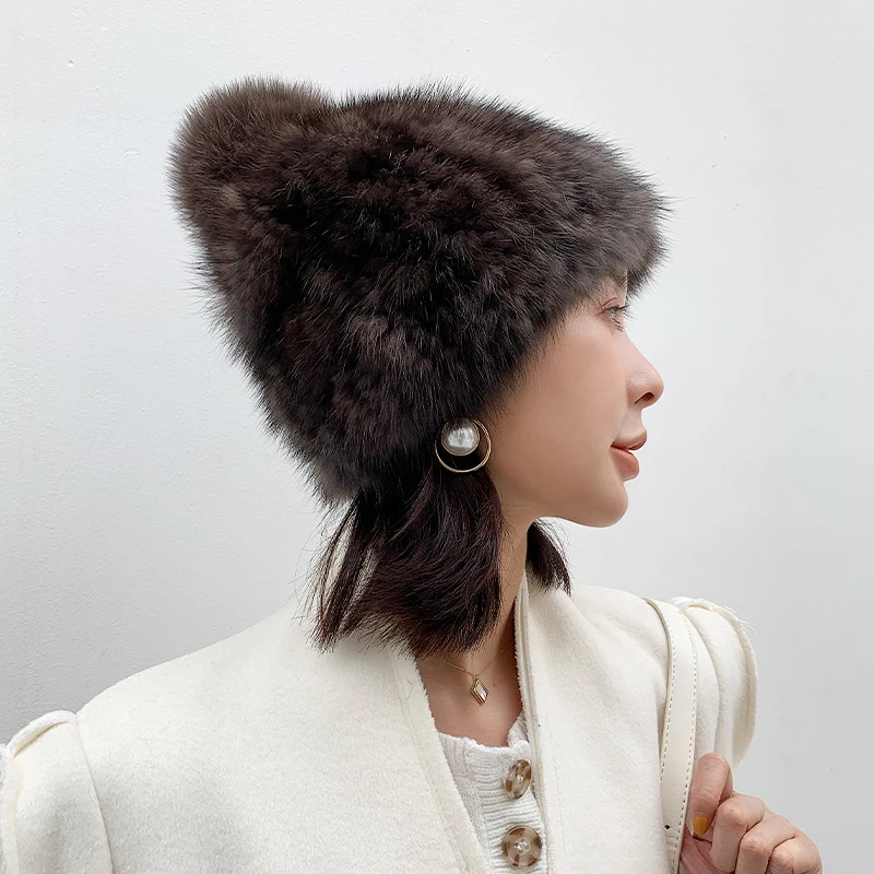 Mink fur hat female winter Korean version real  sable fur hat cap Grace warm soft hat with ball marten fur ball