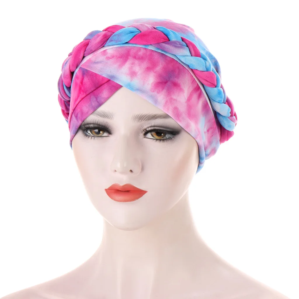 Hot Tie-dye Chemo Cancer Braid Turban Hijab Headwrap Women Tie-dye Headwraps Muslim Hat Ladies Hair Loss Chemo Bonnet Headscarf