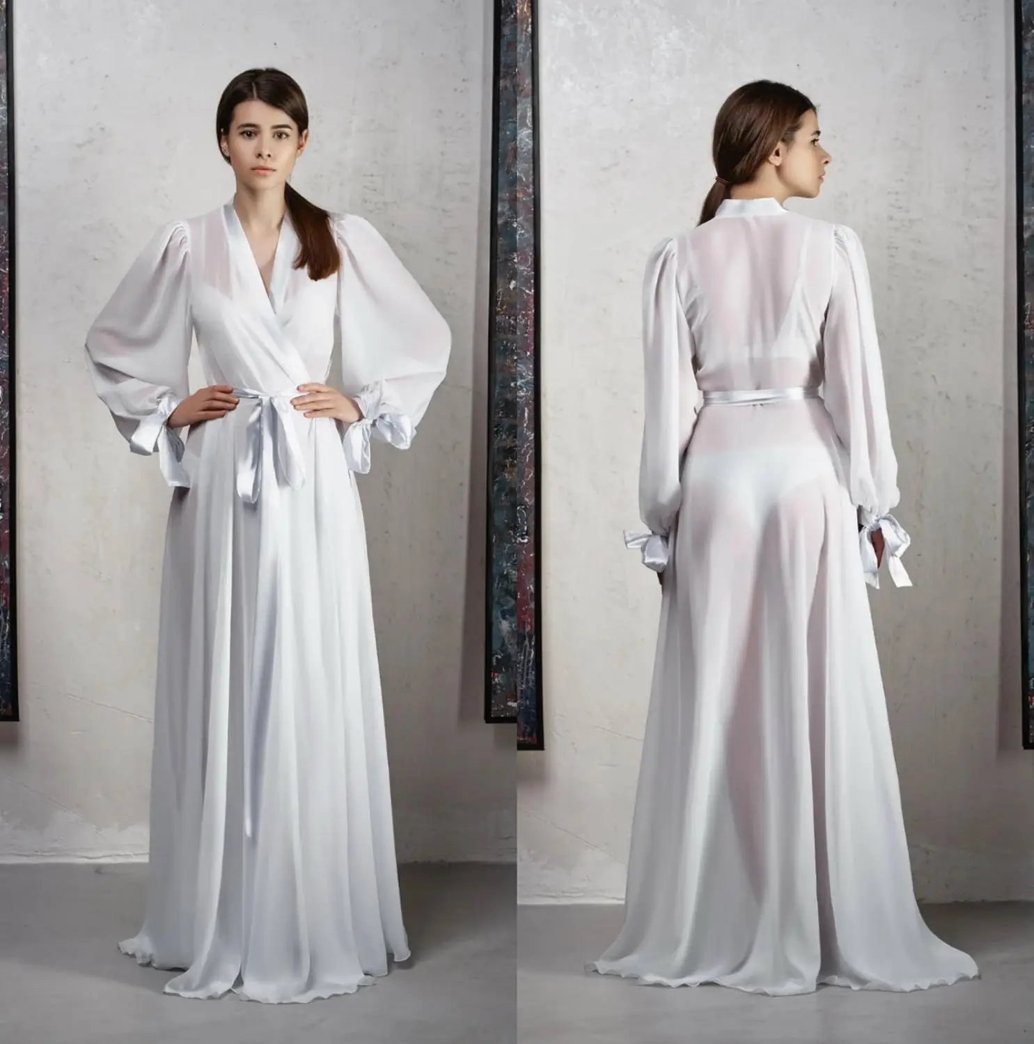 

Chiffon Bridal Gowns Belt Long Bathrobe Women Lingerie Nightgown Pajamas Sleepwear Women's Luxury Gowns Housecoat Nightwear