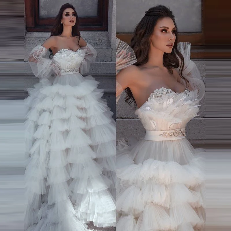 Sweetheart Prom Dresses Puffy Sleeve Tiered Tulle Formal Dress Abendkleider Feather Evening dress Party Gowns Robe de soiree