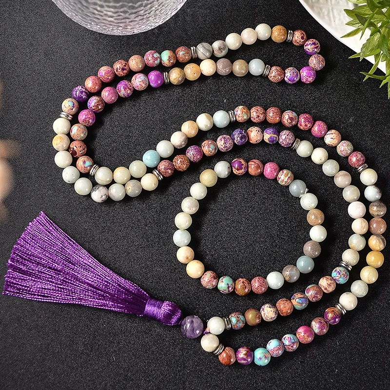 108 Natural 8mm Emperor Jasper Amazonite Stone Beaded Mala Necklace Meditation Yoga Blessing Healing Jewelry Bracelet Rosary Set