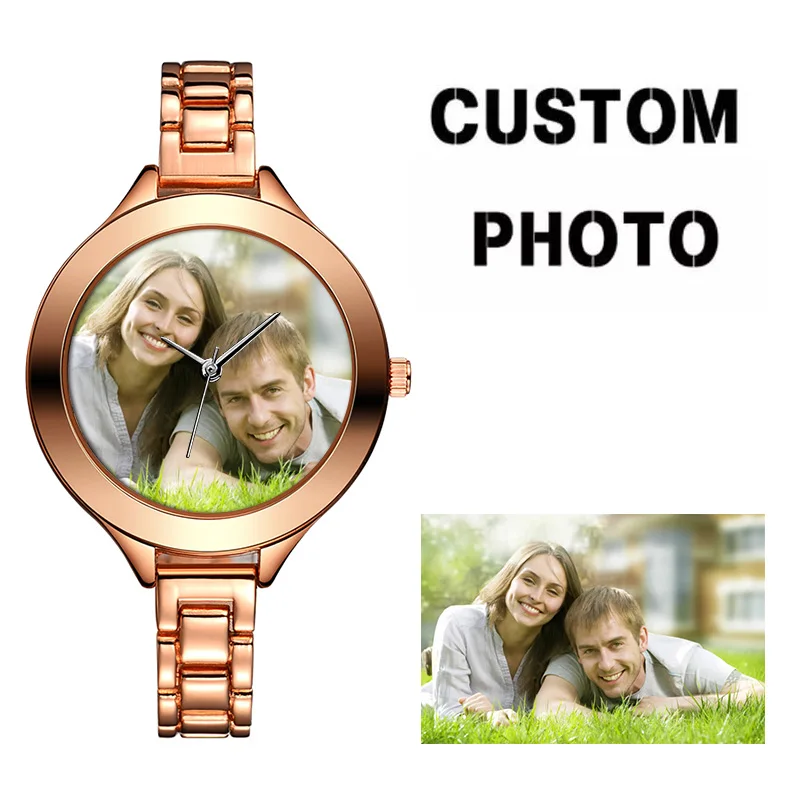 Women Make Photo Wristwatch Slim Band Custom Picture Dial Logo Metal Quartz Watch 1pc