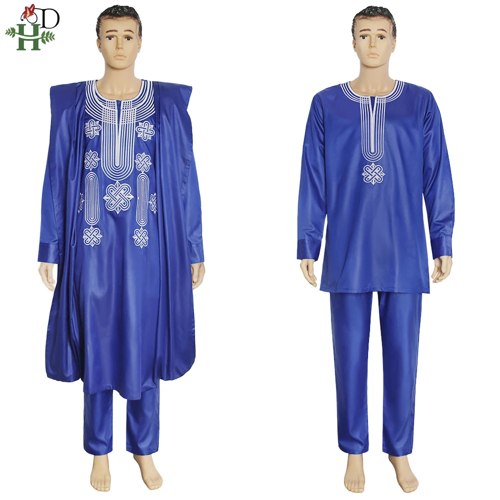 H&D African Suit For Men Robe Shirt Pants Set Long Sleeve Tops Embroidery Agbada Clothes Boubou Africain Homme Traditional Robes