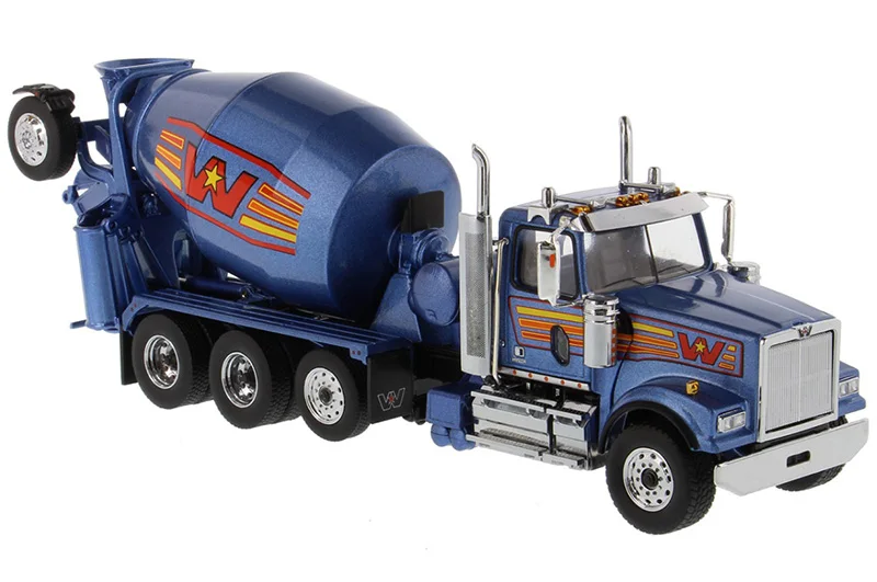 New DM 1/50 Scale Western Star 4900 with Lift Axle and McNeilus Bridgemaster Concrete Mixer in Metallic Blue By Diecast 71075