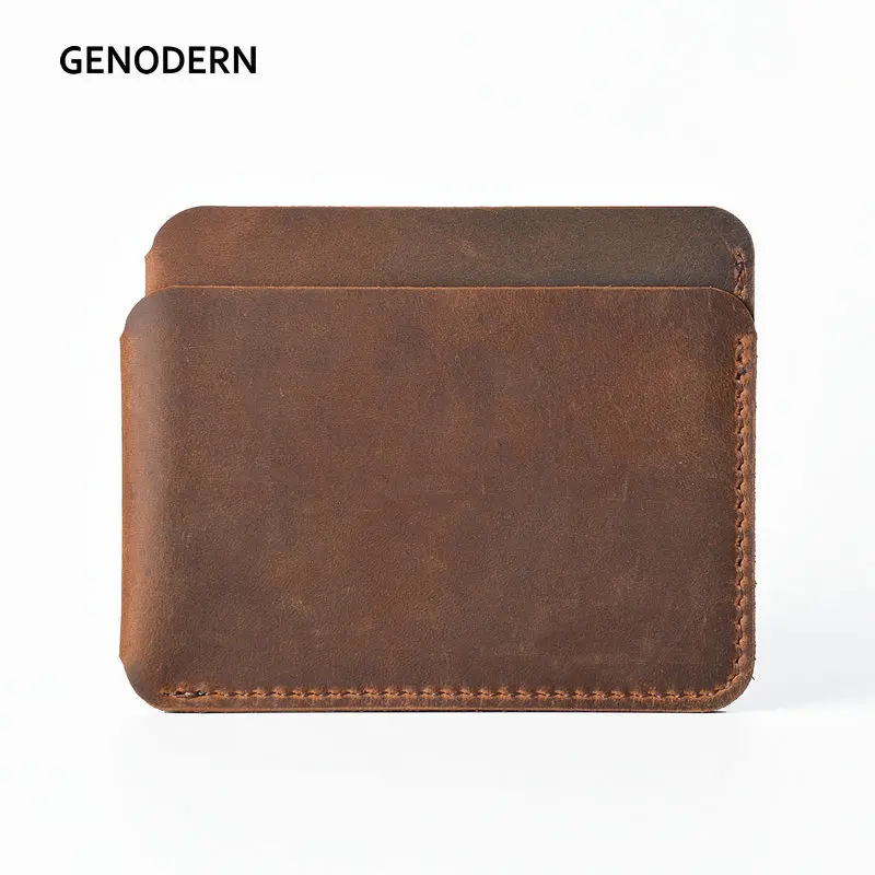 GENODERN Genuine Leather Business ID Card Holder Crazy Horse Leather Travel Credit Card Holder Mini Wallet Men Women Purse Case