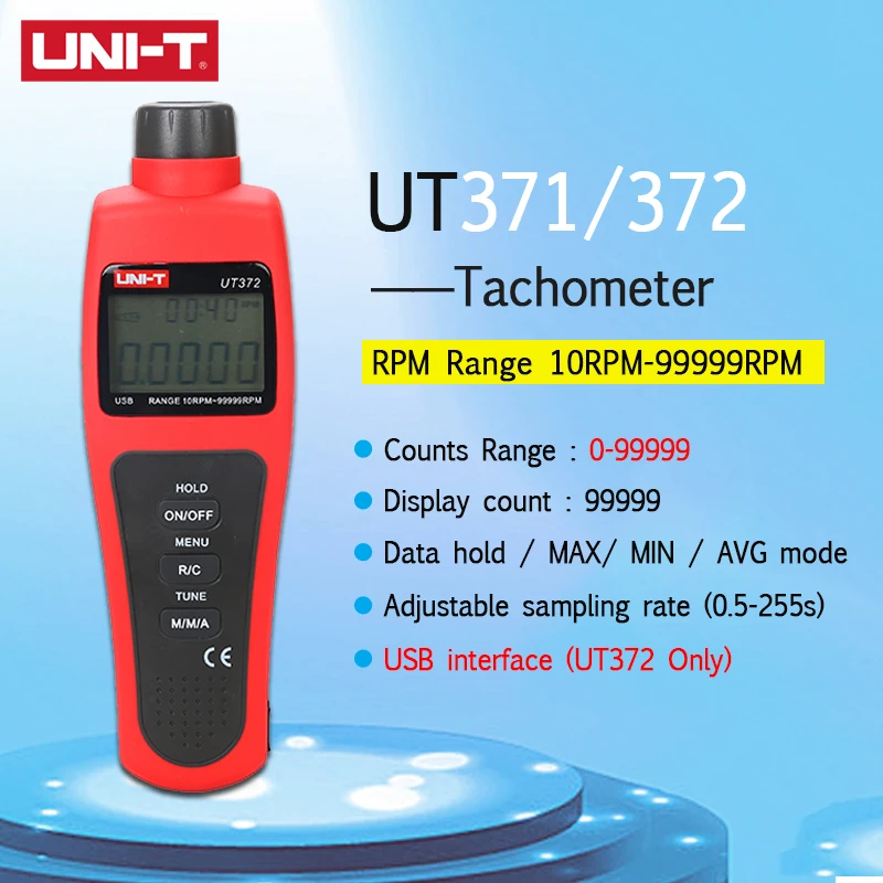 

UNI-T UT371/UT372 Non-Contact Digital Professional Tachometer 99999 Counts RPM Range 10RPM~99999RPM Data Hold/MAX/MIN/AVG mode