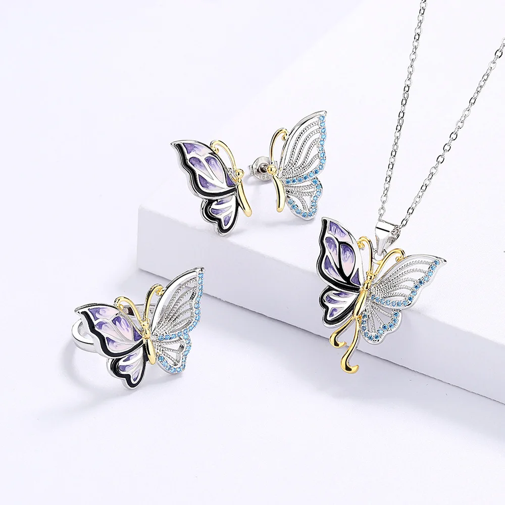 

real gold jewelry Butterfly Pendant Necklace for Women 18k white gold necklace Statement Necklace ring earring Jewelry 3pc Gifts