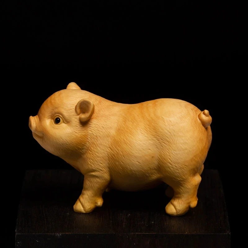 

7CM Boxwood Lucky Pig Statue Crafts Feng Shui Cute Zodiac Pig Sculpture Small Animal Ornaments Gift Home Decor