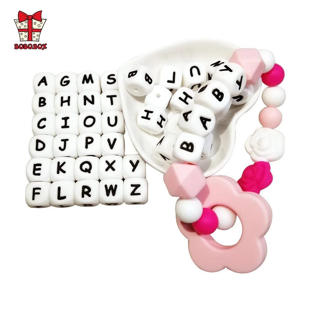 

BOBO.BOX 100pcs/Lot Letter Silicone Beads 12mm Baby Teether Beads Chewing Alphabet Bead For Personalized Name DIY Teething Lette