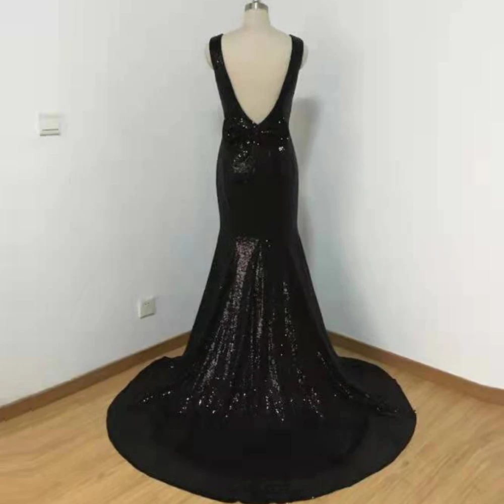 Vestidos de Noche de sirena con lentejuelas negras brillantes, sin mangas, cuello redondo, arco árabe con Espalda descubierta, para baile de graduación