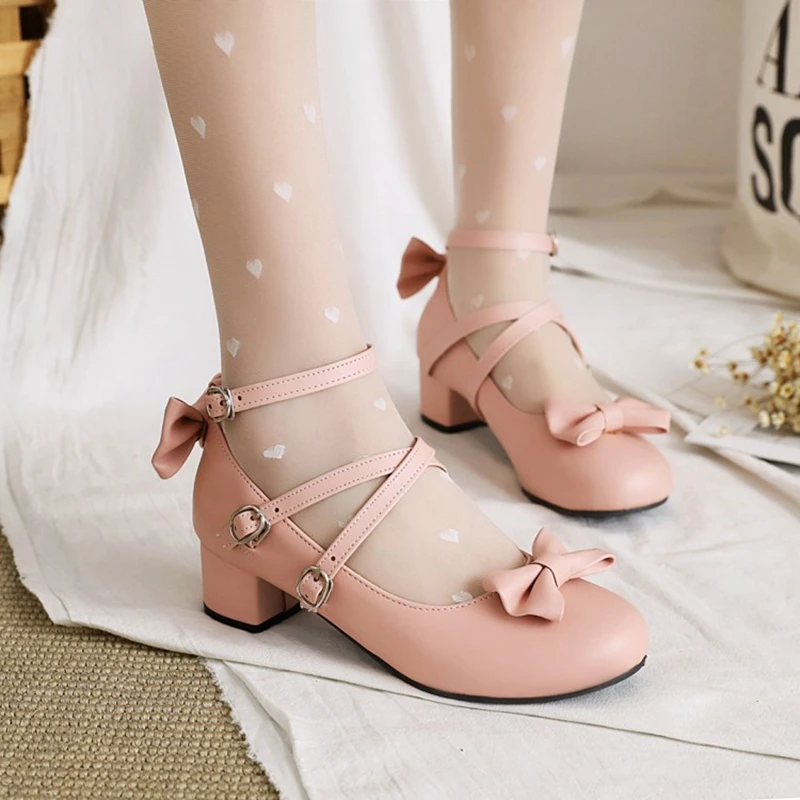 BLXQPYT Women Seven Color Lolita Single Shoes with Thick Heel  Cute Bowtie Girls Princess Wedding Shoes Big Size 28-50 265