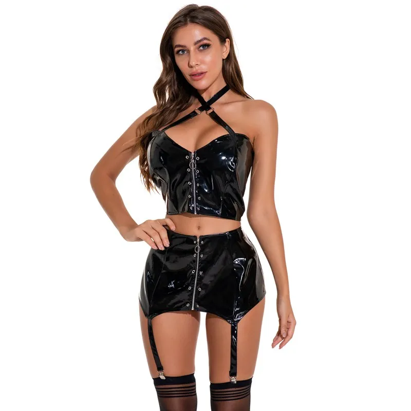 

PU Leather Two Piece Set Crop Top Spaghetti Strap And Mini Skirt With Zipper Sexy 2 Piece Set Exotic Apparel Top Garter Clubwear