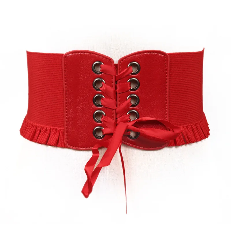 2022 Fashion Women Lady Stretch Buckle Waist Belt Wide Elastic Corset Waistband Corset Around Cinch PU Leather Tie Bowknot