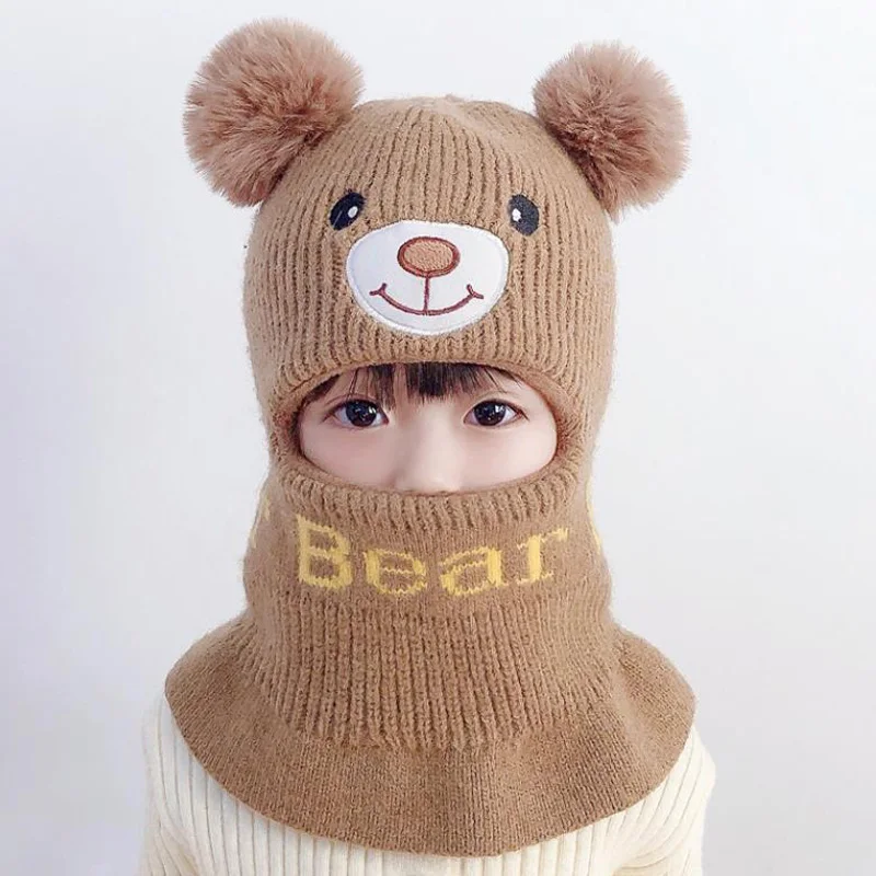 Doitbest Boy girl Beanie Protect neck Cartoon bear Windproof Winter 2 to 5 years old Child knit hat kids girl\'s Earflap Caps