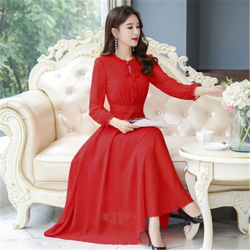 Long sleeve chiffon dress female 2020 autumn popular new style lotus leaf collar long temperament fashion slim dress