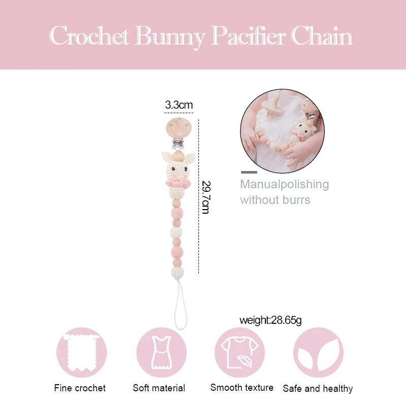 1pc Bunny Pacifier Chain Clip Wood Crochet Rabbit Teething Chain Baby Teether Soother Holder Newborn Product Baby Pacifier Clip