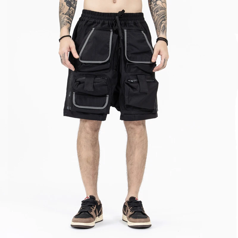 

P373 Unique Removable Multi-Pocket Cargo Shorts Summer High Street Tooling Men Drawstring Male Camping Fishing Pants Black Khaki