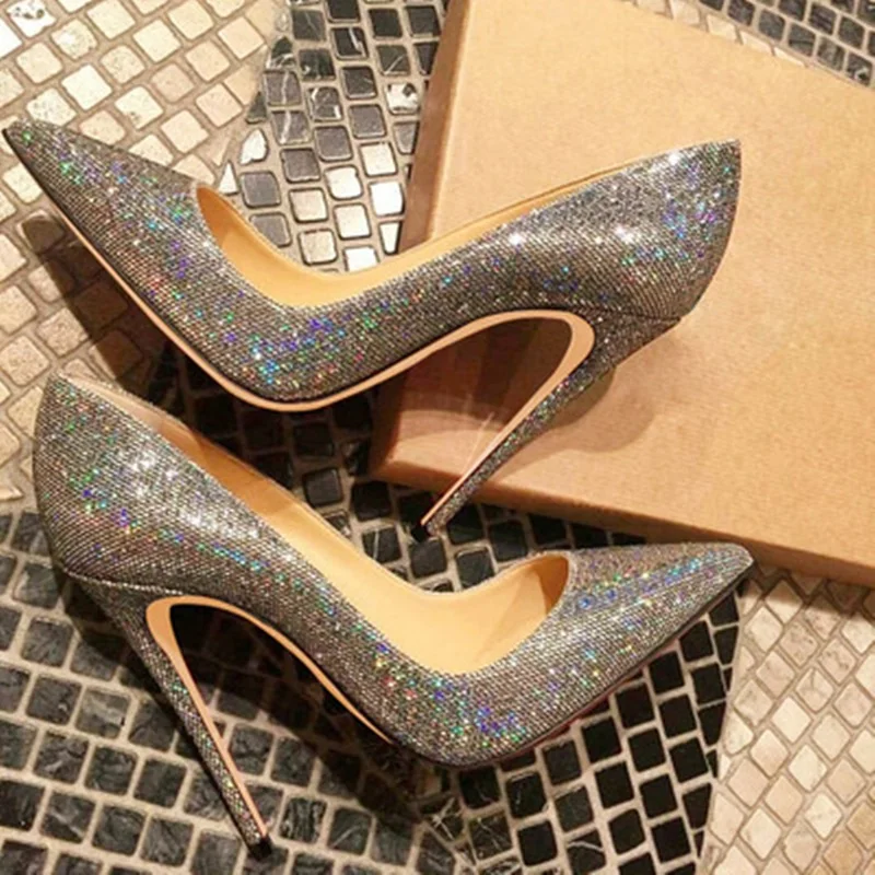 

Multicolour Glitter High Heel Pumps 12cm Stiletto Heels Sequin Crystal Shallow Dress Shoes Pointed Toe Thin Heels Wedding Pumps