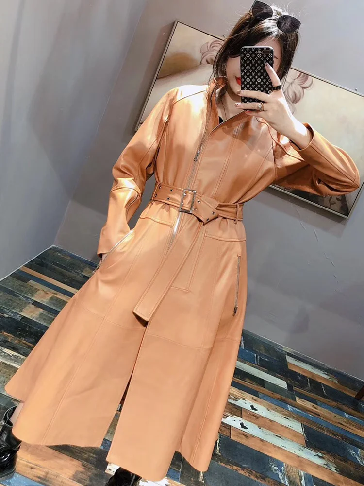 Genuine Leather Long Jacket Women Real Sheepskin Trench Coat Belt Luxury Brand Autumn Winter Office Ladies Elegant Coat Dress