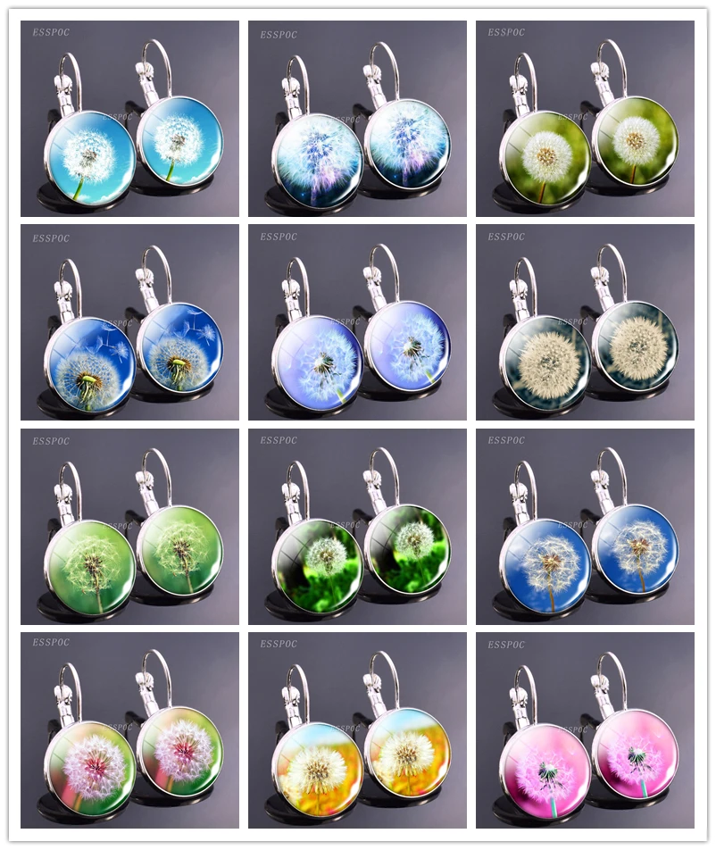 Fashion Dandelion Earrings Simple Style Dandelion Flowers Hook Earing Glass Cabochon Jewelry Earrings Gifts for Women Girl Lover