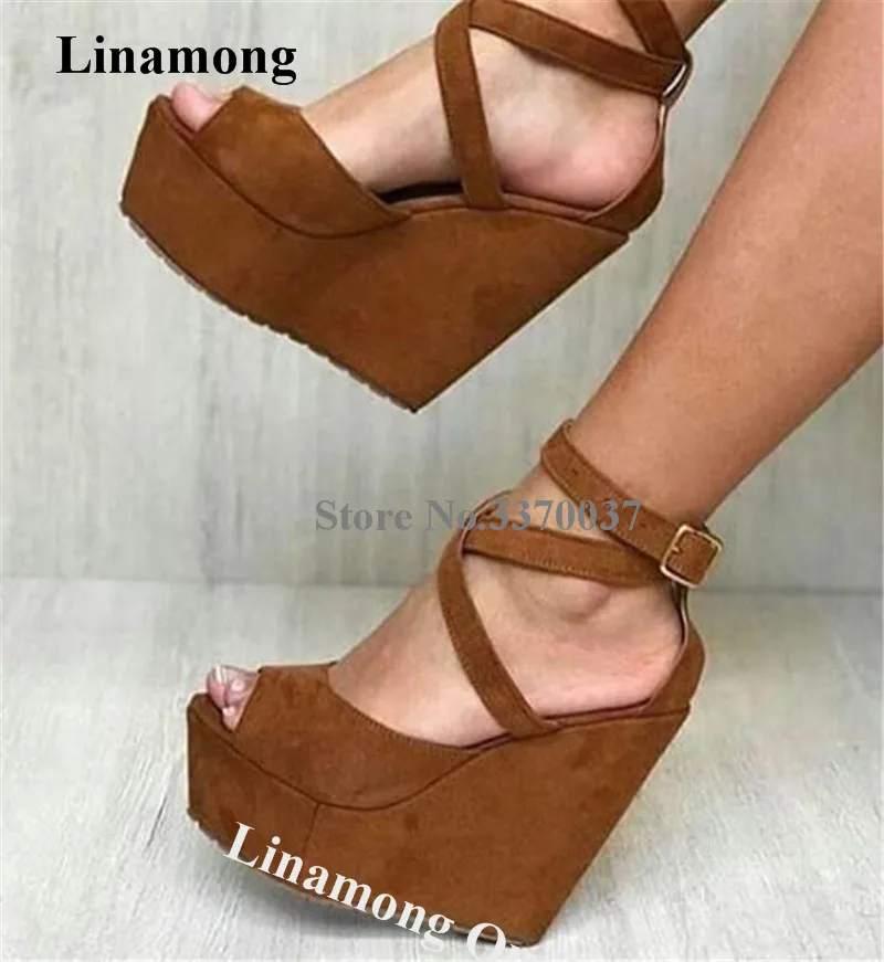 

Linamong Fashion Open Toe High Platform Wedge Sandals Brown Suede Ankle Straps Cross Wedges Height Increased Dress Shoes