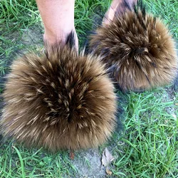 Summer Kids Fur Slippers Fluffy Raccoon Fur Slides Furry Real Fox Fur Flip Flops Flat Children Rainbow Shoes Girls Fur Sandals