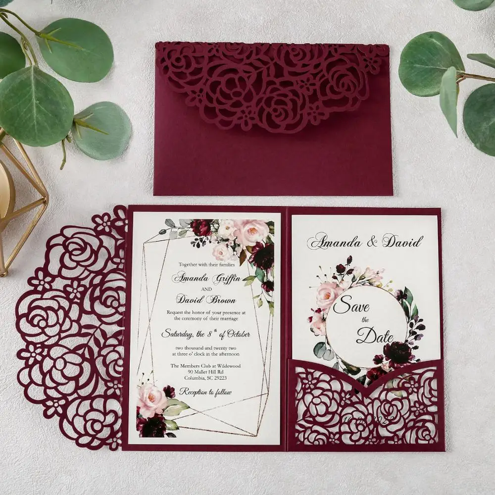 

50pcs Burgundy Laser Cut Hollow Wedding Invitations with Rose Pockets and Envelopes for Wedding/Quinceanera/Birthday