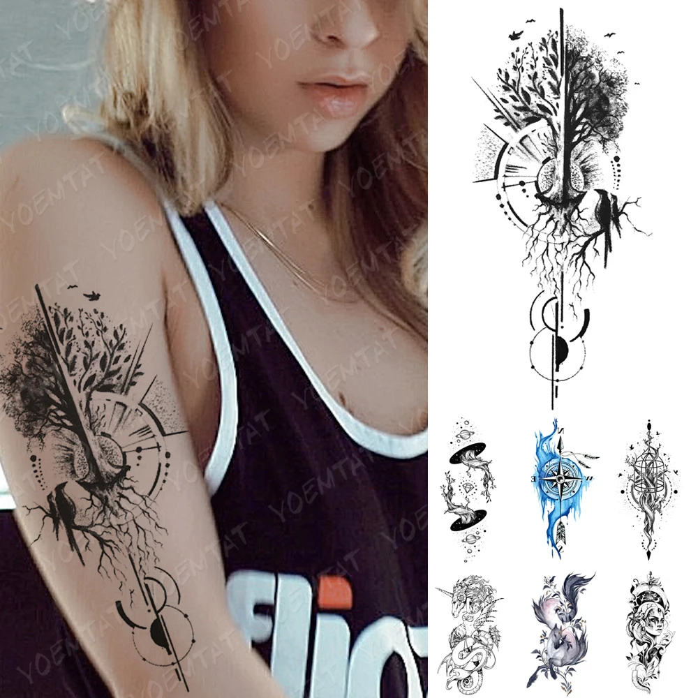 

Waterproof Temporary Tattoo Sticker Tree Bird Universe Compass Tattoos Fox Mermaid Body Art Arm Fake Sleeve Tatoo Women Men