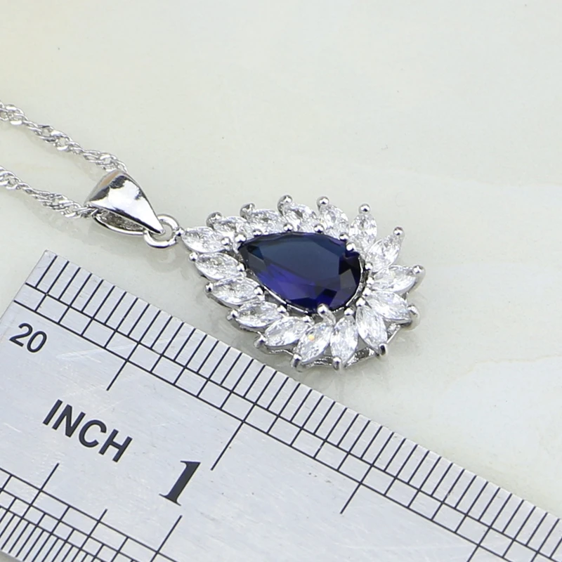 Water Drop Blue Zircon White Rhinestone 925 Sterling Silver Jewelry Sets For Women Earring/Pendant/Necklace/Ring Free Gift Box