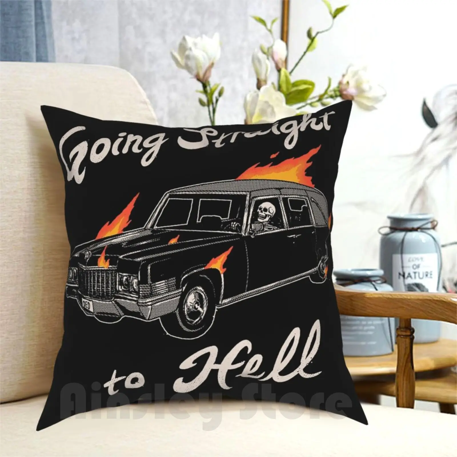 

Going Straight To Hell Pillow Case Printed Home Soft DIY Pillow cover Hell Hearse Dead Death Skeleton Ride Devil Demon