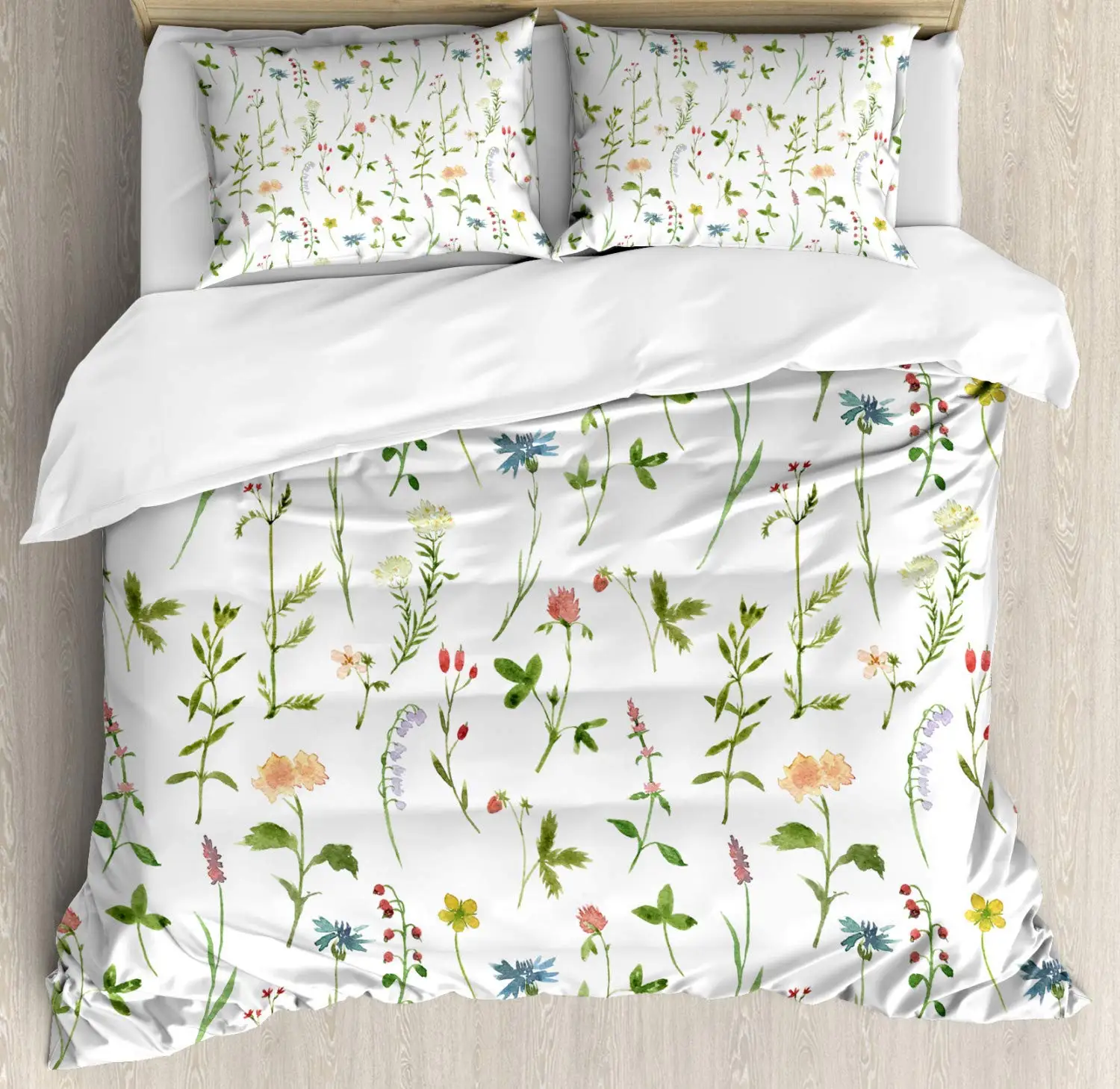 Floral Duvet Cover Set Spring Season Themed Watercolors Painting of Herbs Flowers Botanical Garden Artwork Decorative 3 Piece