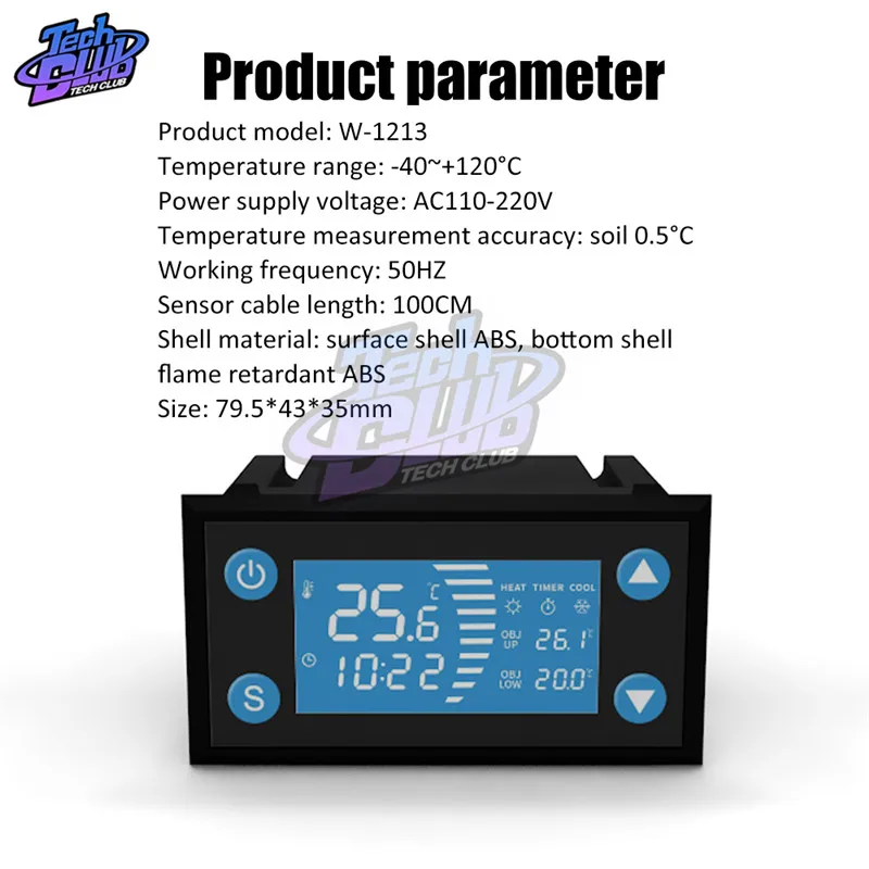 W1213 AC 110 -220V Smart Temperature Controller LCD Digital Thermostat Timer Sensor Probe Cool Heat Mode for Incubator Aquarium