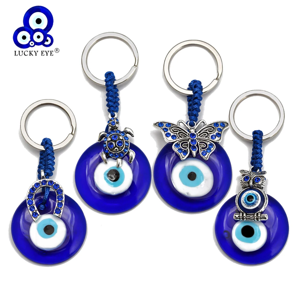 Lucky Eye Owl Tortoise Butterfly Glass Blue Turkish Evil Eye Keychain Alloy Silver Color Key Chain Holder for Women Men BE101