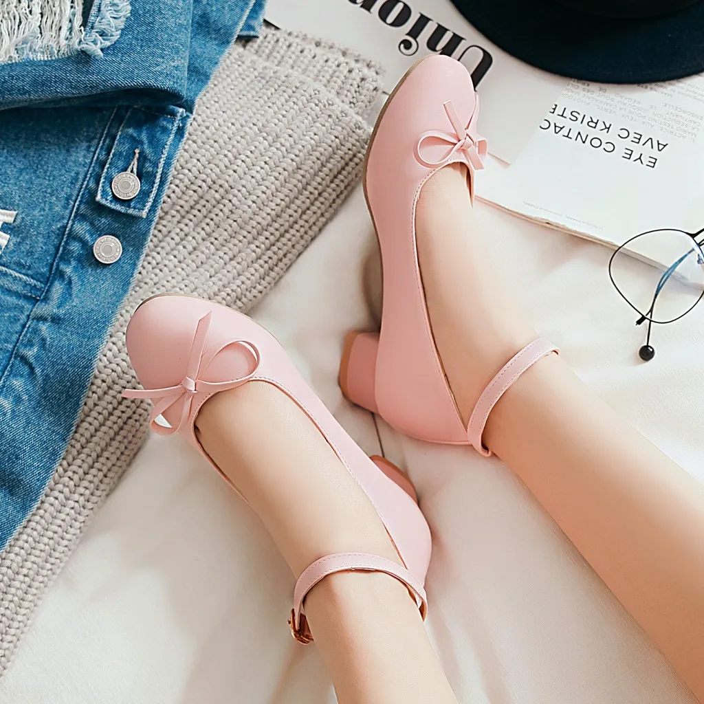 Sweet Bowtie Women Pumps Low Square Block Heels Round Toe White Pink Casual Wedding Dress Office Ladies Ankle Strap Lolita Shoes