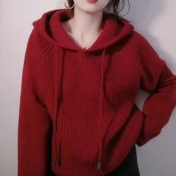 Fashion New Hooded Sweater Women Loose Pullover Long-Sleeve Tops Sweaters Female Spring Autumn Hoodie Red Wine Clothing