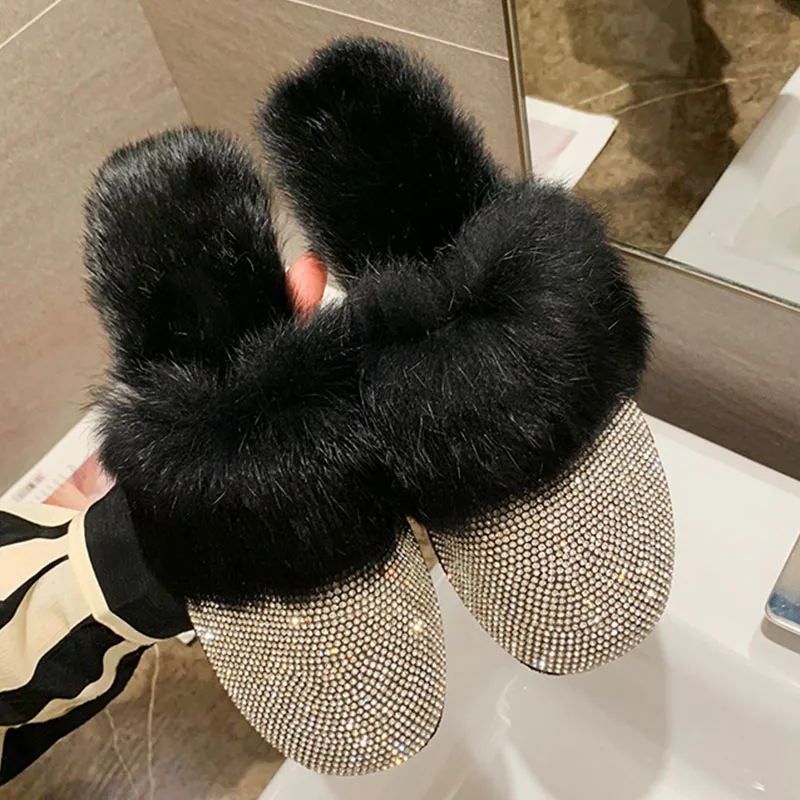 

Women Slippers Ladies House Luxury 2023 Rhinestone Fur Crystal Winter Home Female Outdoor Mules Flats Shoes Slides For Women