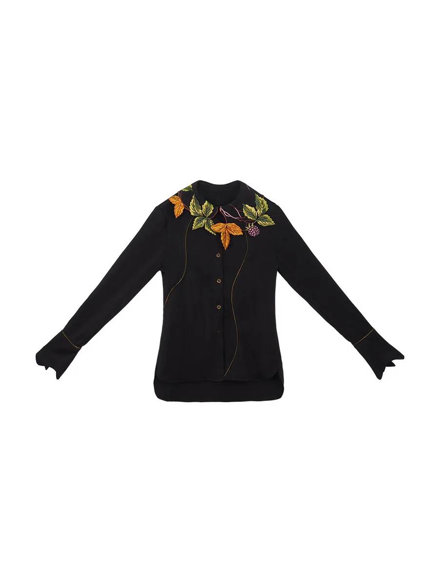 Leaf Berry Shaped Embroidered Shirt for Women, Original Design, Spring and Autumn