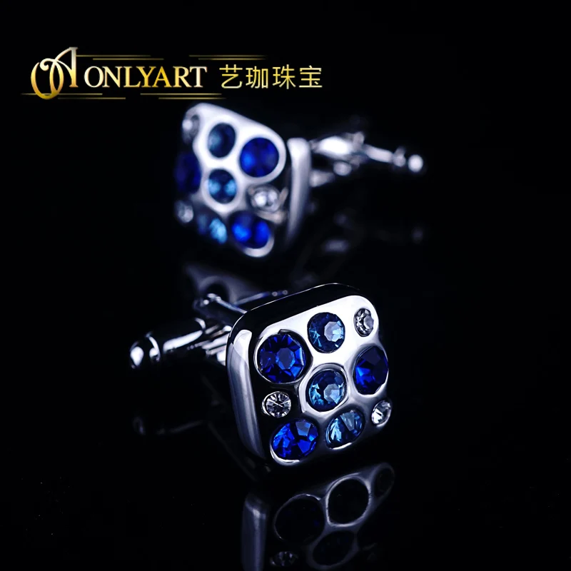 High End Hot Seller Men Accessory Metal Blue And White Crystal French Shirt Cuff Button Cufflinks For Male Gift Jewellery