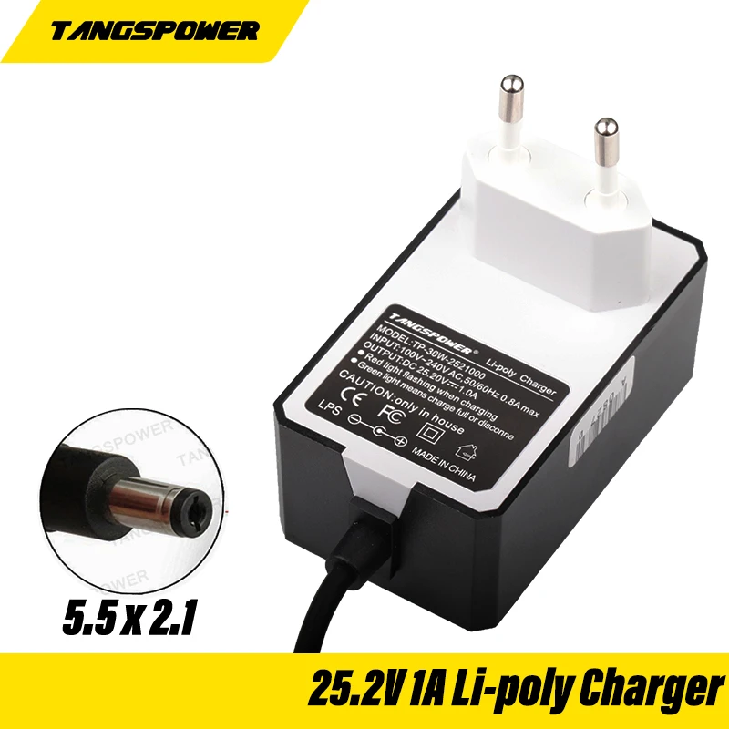 25.2V 1A 18650 Lithium Battery Portable Wall Charger For 21.6V 22.2V 24V AC DC Power Charger DC 5.5mm*2.1mm Connector Plug EU/US