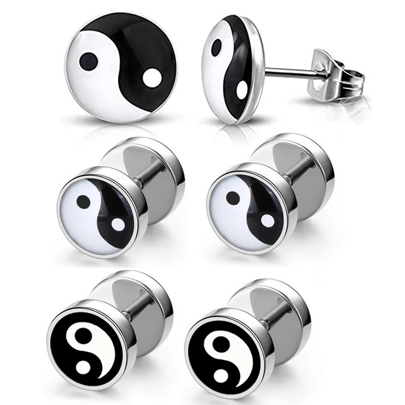 1 Pair Unisex Chinese Yin and Yang Stainless Steel Stud Earrings For Men Women Jewelry Round Tai Chi Dumbbell Earrings 8mm/10mm