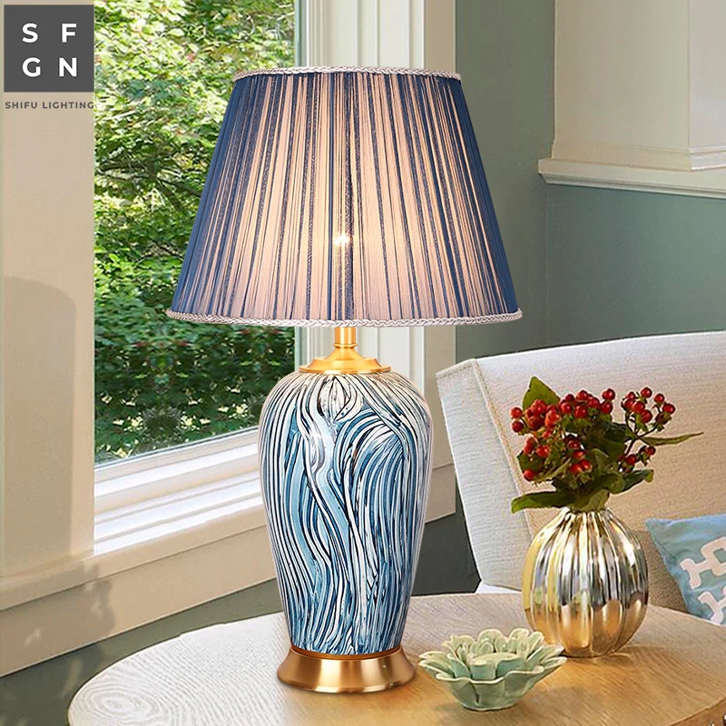 

Copper Table Lamp American Style for Living Room Jingdezhen Ceramic Lamp Luxury Bedroom Bedside Decorated LED Lamp