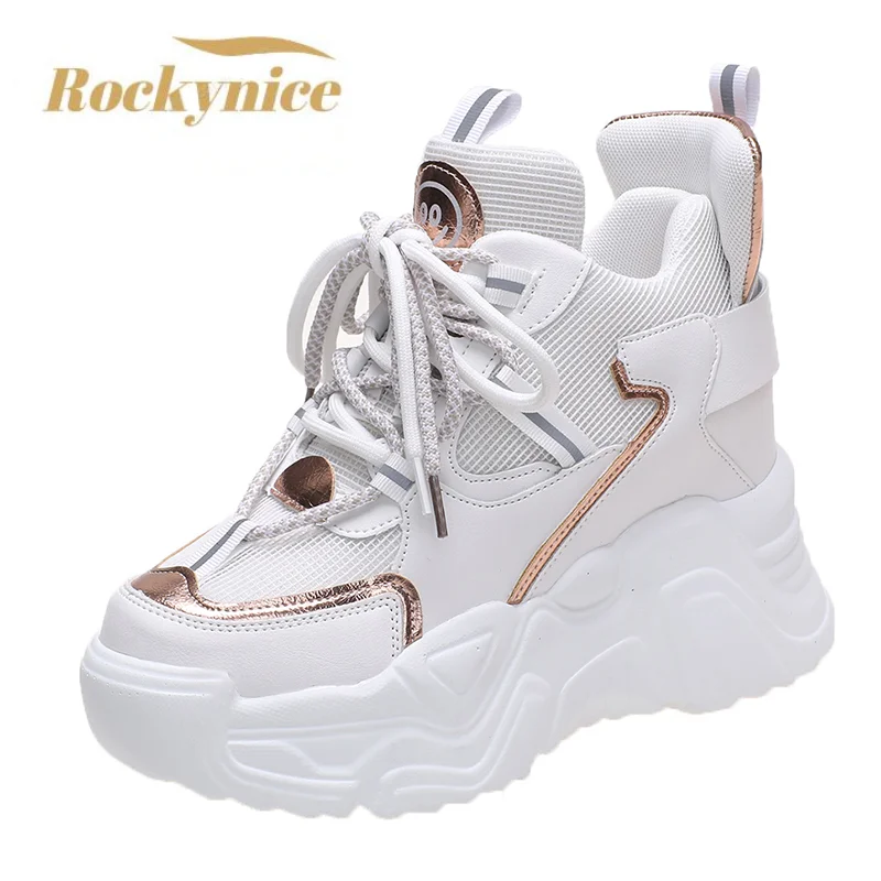 2022 Spring Thick Sole Casual Dad Shoes Breathable Leather Chunky Sneakers Lace-up 10CM High Platform Sports Shoes Zapatos Mujer