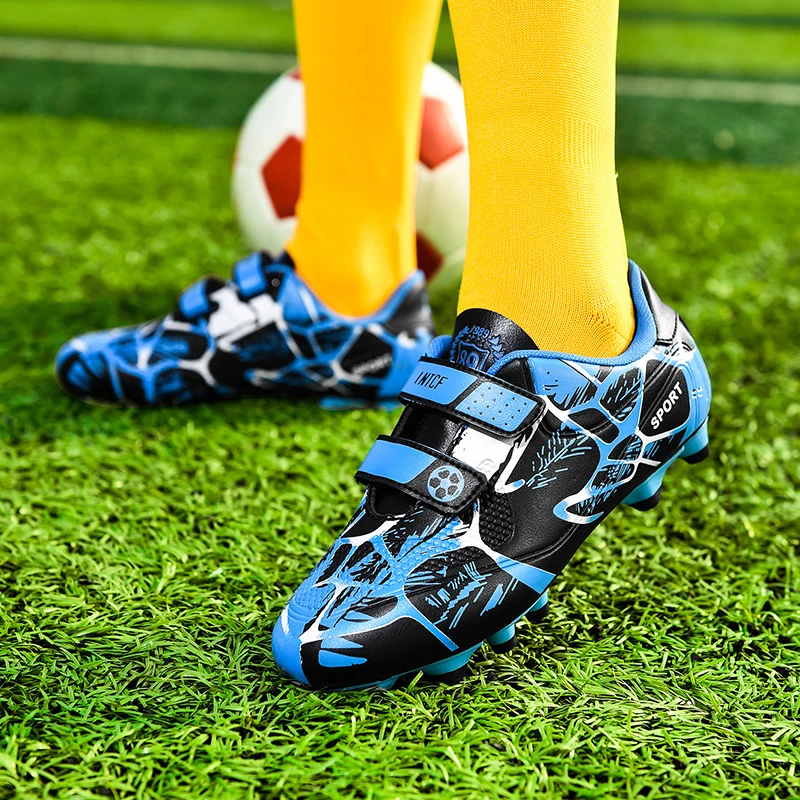 Hot Sale Blue Printing Soccer Shoes Kids Boys Girls Cheap Cleats Football Shoe Child Soccer Sport Sneakers Men crampon football