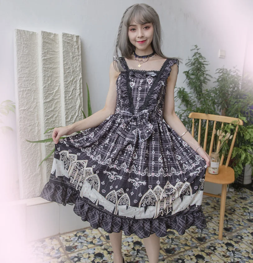 Robe à bretelles vintage lolita cos loli pour fille, tenue de princesse victorienne, taille haute, imprimée avec nœud papillon, style gothique, mignon, kawaii