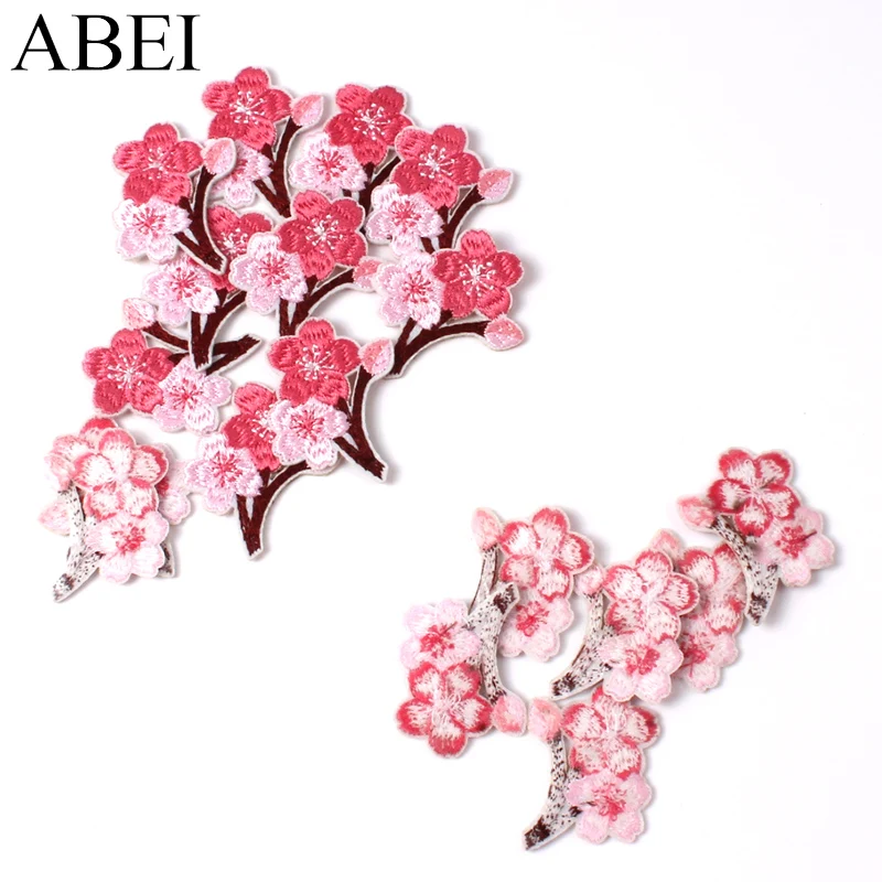 10pcs Embroidery Cherry Flower Patches Iron On Peach blossom Patch DIY Clothing Badge Sewing Fabric Appliques For Jeas Bags Hats