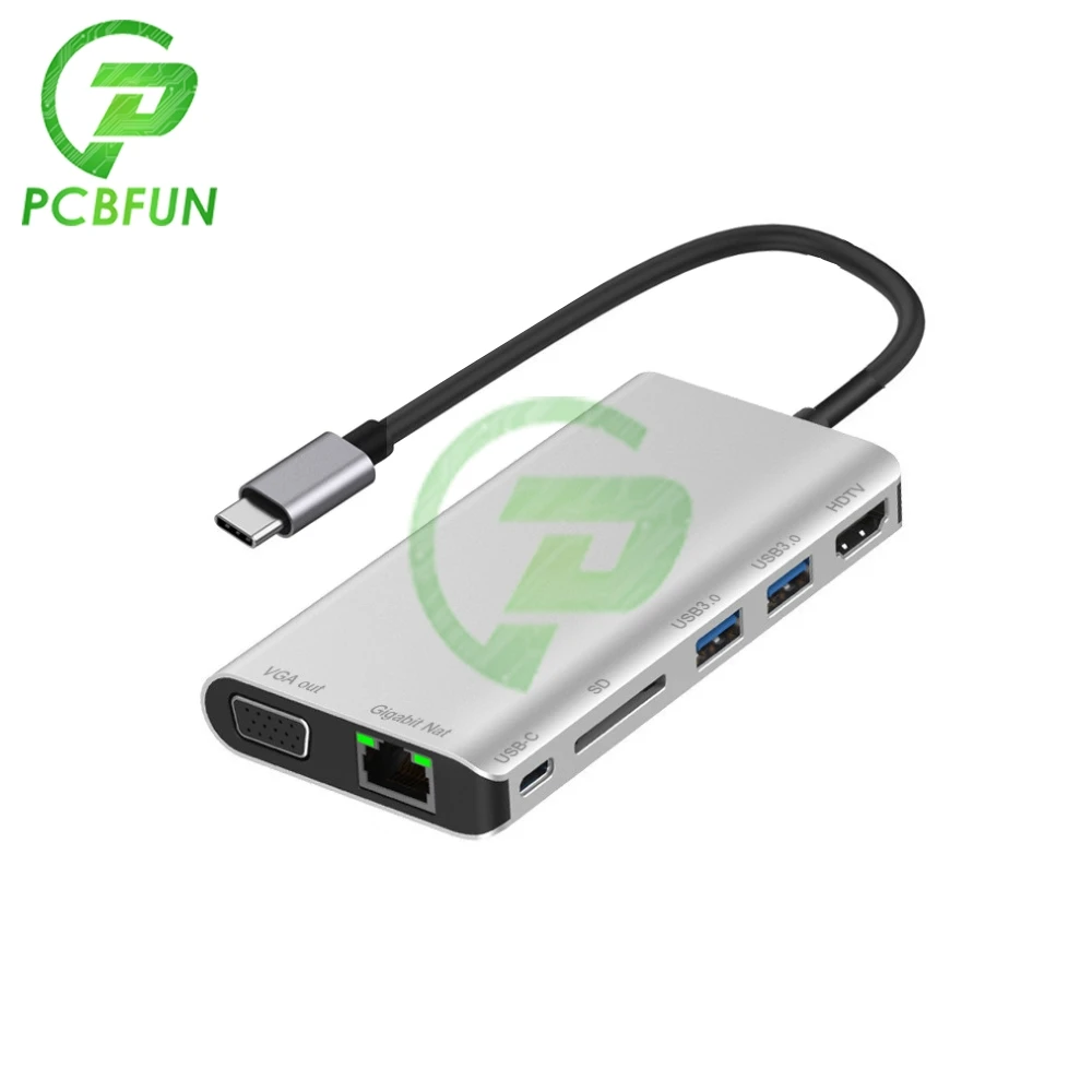 8-in-1 USB Type-c to VGA Adapter +USB3.0+SD Card Reader+Gigabit Ethernet Port+PD Type-c Audio Video Converter for MacBook