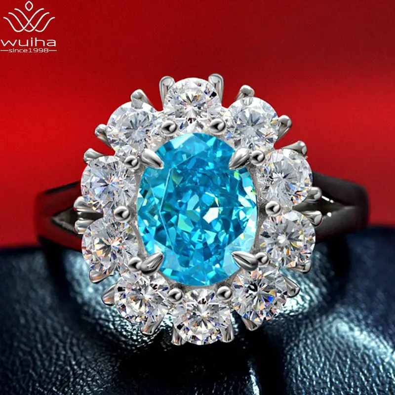 

WUIHA Classic Solid 925 Sterling Silver Radiant Cut 7*9mm Aquamarine Gem Created Moissanite Wedding Engagement Ring Fine Jewelry