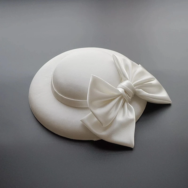 White Millinery Hat Party Wedding Hat Wide Brim Fedora Elegant Big Bow Knot Headpiece Church Hair Accessories 2021